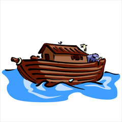 Noah's ark is floating in the waves.