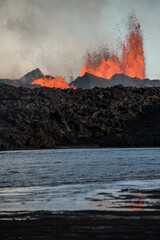 The 2014 Bárðarbunga eruption at the Holuhraun fissures across a river, Central Highlands, Iceland