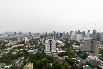 BANGKOK,THAILAND-APRIL 22, 2021: The cityscape view at Sukumvit road area which is the main business and shopping area at Ekkamai view point on APRIL 22, 2021 in Bangkok,Thailand