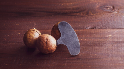 Delicious brown round macadamia nuts and a nut opener key on the brown table