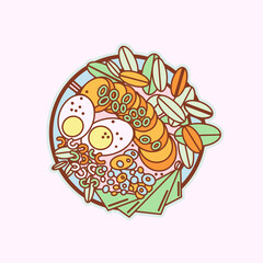 Japanese ramen. Traditional Asian or Japanese, Korean meal with noodles and broth. Cartoon colorful vector illustration