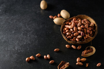 peanuts, dry peanuts, pecans in a coconut bowl on a dark gray background