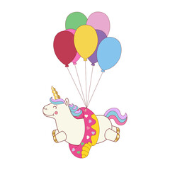 Obraz na płótnie Canvas Vector illustration of a little cute white unicorn or flying colourful balloons. Can be used as greeting card, sticker, kids t-shirt design, print or poster