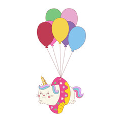 Obraz na płótnie Canvas Vector illustration of a little cute white cat unicorn or caticorn flying colourful balloons. Can be used as greeting card, sticker, kids t-shirt design, print or poster