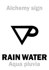 Alchemy Alphabet: RAIN WATER (Aqua pluvia), Rainwater, also syn.eq.: Distilled Water (Aqua distillata, Aqua purificata). Common solvent, Required by carbon-based Life: Chemical formula=[H₂O].