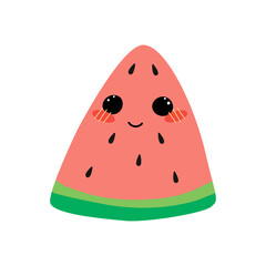 Cute watermelon, slice of watermelon with face. Summer illustration, Cute character. Design element, badge, print. Isolated vector illustration.