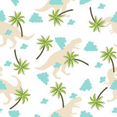 Fototapeta na wymiar palm and cloud repeat pattern on dinosaur background