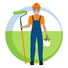 Smiling worker painter in a safety helmet and with a roller. Vector illustration.