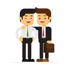 Business couple standing together Boss hugging employee shoulder