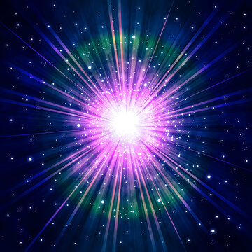 光輝く集中線、中央がまぶしく光る超新星爆発のイメージ、光の輪、ピンクと緑の星雲