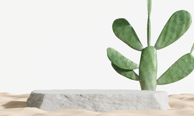 Stone product display podium with cactus on desert. 3D rendering