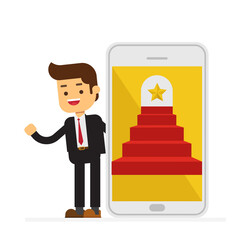 Successful businessman climbing steps in phone