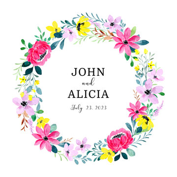 Colorful wild floral wreath with watercolor