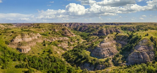 Beautiful aerial views approaching the Theodore Roosevelt National Park area - North Unit - North...