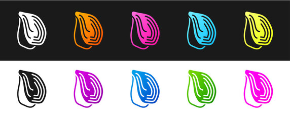 Set Mussel icon isolated on black and white background. Fresh delicious seafood. Vector