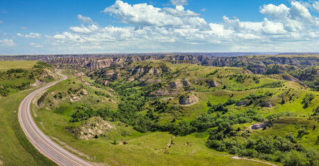 Beautiful aerial views approaching the Theodore Roosevelt National Park area - North Unit - North...