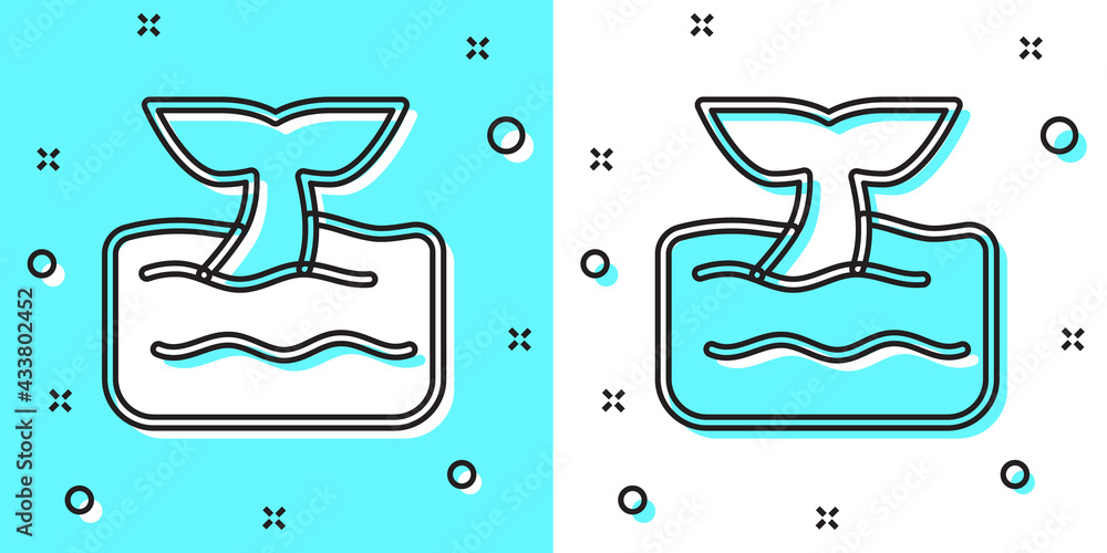 Poster black line whale tail in ocean wave icon isolated on green and white background. random dynamic shap