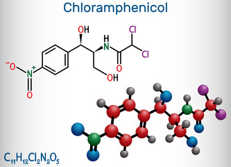 Chloramphenicol molecule. It is bacteriostatic broad-spectrum antibiotic. Structural chemical formula and molecule model