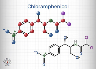 Chloramphenicol molecule. It is bacteriostatic broad-spectrum antibiotic. Structural chemical formula and molecule model. Sheet of paper in a cage