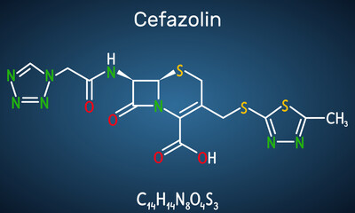 Cefazolin, cefazoline, cephazolin molecule. It is s beta-lactam antibiotic, first-generation cephalosporin. Structural chemical formula on the dark blue background