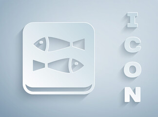 Paper cut Canned fish icon isolated on grey background. Paper art style. Vector