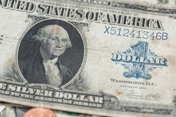 1923 dollar banknote. Old US dollar money with George Washington portrait. Blue 1 dollar writing.