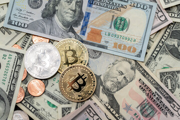 Bitcoin Crypto Currency and US Dollar Banknotes and Coins. Trade Fiat with Crypto Currency Concept. Gold, Silver Coins.
