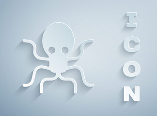 Paper cut Octopus icon isolated on grey background. Paper art style. Vector