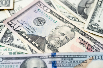 President Grant on 50 Dollar Banknote. Different US Dollar Bills with fifty USD Bill in center