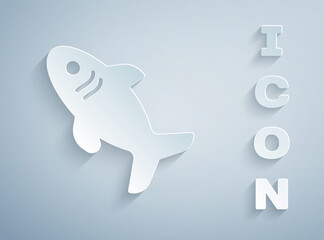 Paper cut Shark icon isolated on grey background. Paper art style. Vector
