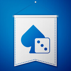 Blue Game dice icon isolated on blue background. Casino gambling. White pennant template. Vector