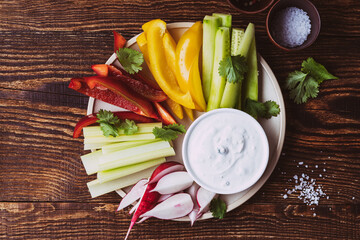 Keto diet snack platter with vegetable crudites and blue cheese dipping sauce - obrazy, fototapety, plakaty