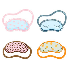Sleeping mask set. Sleeping night eye accessory blindfold relax in traveling illustration. Collection of nighty sleepy face protection asleep flat cartoon isolated on white for poster, sticker, cards