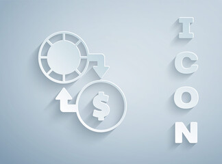 Paper cut Casino chips exchange on stacks of dollars icon isolated on grey background. Paper art style. Vector