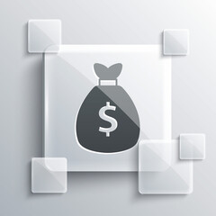 Grey Money bag icon isolated on grey background. Dollar or USD symbol. Cash Banking currency sign. Square glass panels. Vector