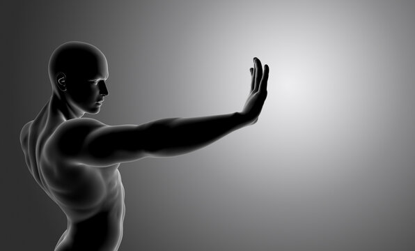 3D Male Figure Holding His Hand Out In Front And Stopping Something With Blank Space