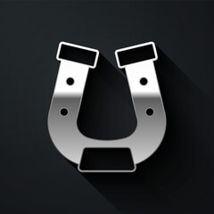 Silver Horseshoe icon isolated on black background. Long shadow style. Vector