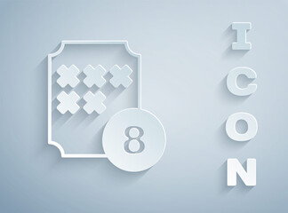 Paper cut Bingo or lottery ball on bingo card with lucky numbers icon isolated on grey background. Paper art style. Vector