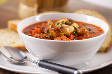 Hot Stew Bowl with Mushrooms. High quality photo.