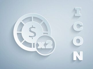 Paper cut Casino chips icon isolated on grey background. Casino gambling. Paper art style. Vector