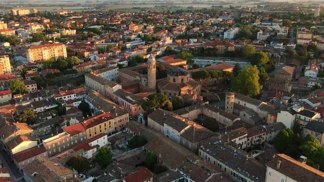 ravenna city historic centre aerial view at sunrise drone orbiting over basilica of san vitale at dawn
