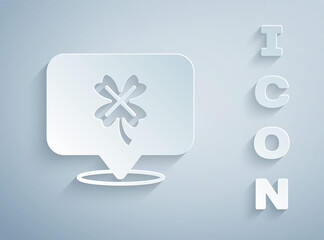 Paper cut Casino slot machine with clover symbol icon isolated on grey background. Gambling games. Paper art style. Vector