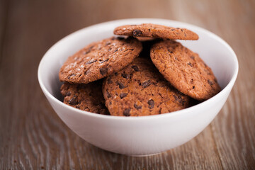 Chocolate chip cookies on a bowl. High quality photo.