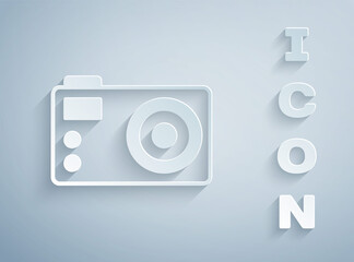 Paper cut Photo camera icon isolated on grey background. Foto camera. Digital photography. Paper art style. Vector