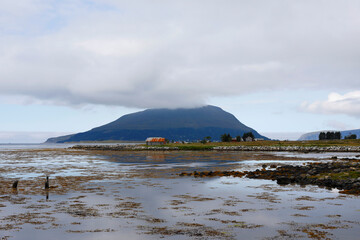 Nordic landscape, view of the sea, mountains, islands and horizon, fjord