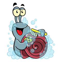Funny little snail cartoon characters washing its shell with brush, sponge, water, and soap, best for mascot, sticker, and logo for car wash business