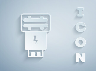 Paper cut Photo camera flash icon isolated on grey background. Paper art style. Vector