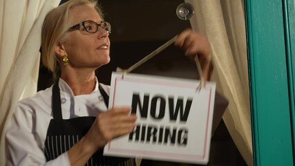 Female shop owner putting Now Hiring sign on glass door. Woman staff chef of restaurant advertising for hiring staff.