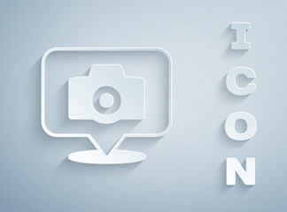 Paper cut Photo camera icon isolated on grey background. Foto camera. Digital photography. Paper art style. Vector