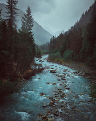 Russia, Caucasus, Dombay, mountain river on the background of mountain ranges in rainy weather,...